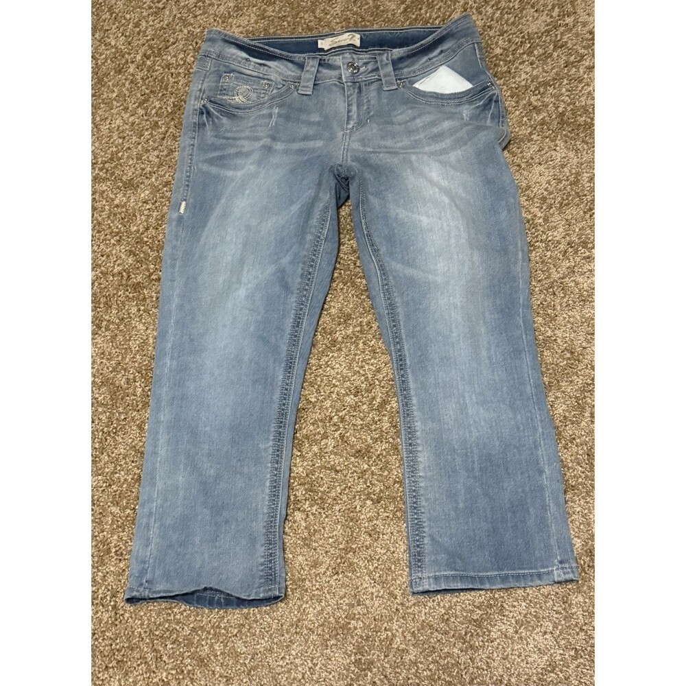 Seven 7 Jeans Womens Size 10 Blue Bootcut Embroidered Pockets Faded Whiskers